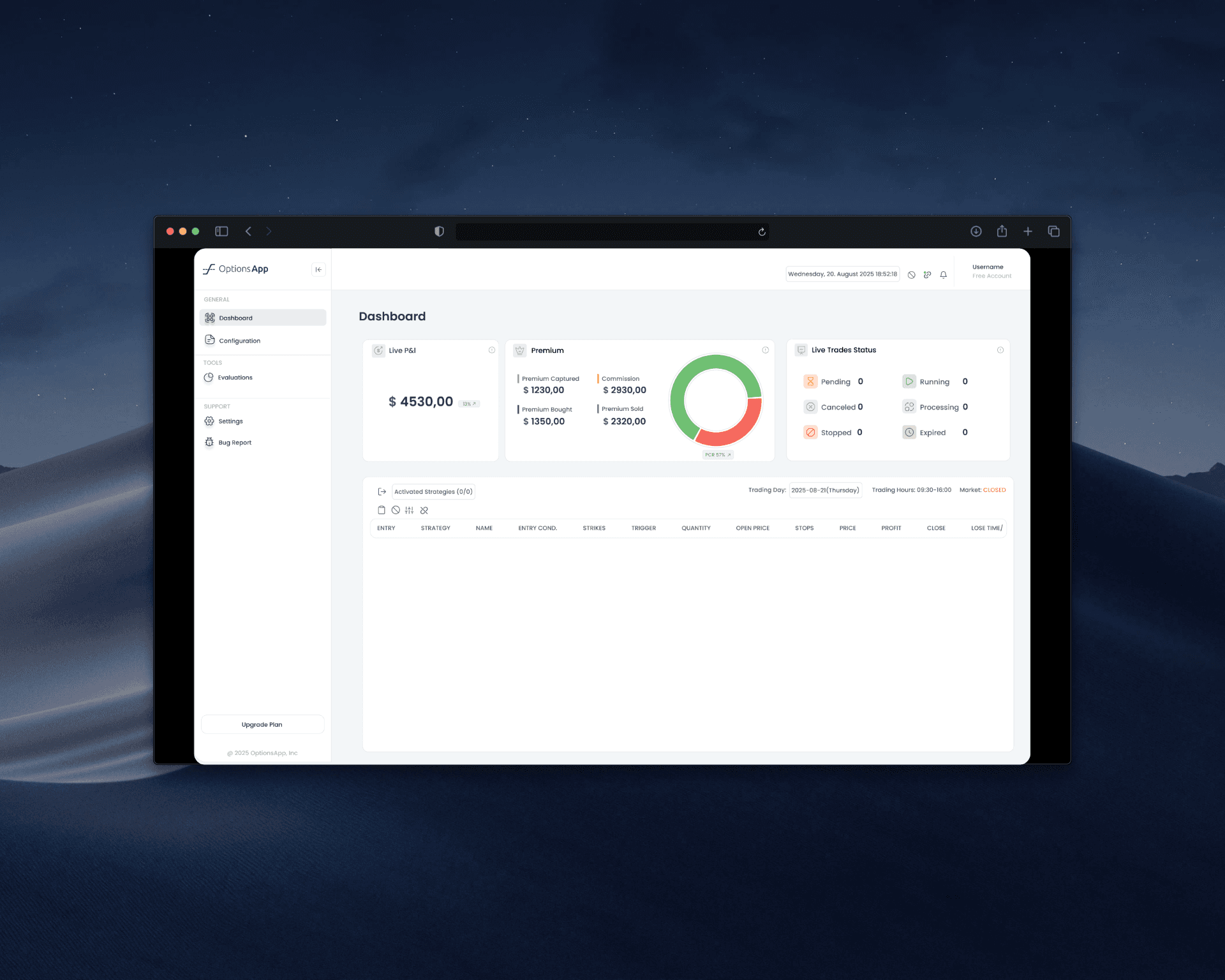 OptionsApp Screenshot: Stabilität und Betrieb