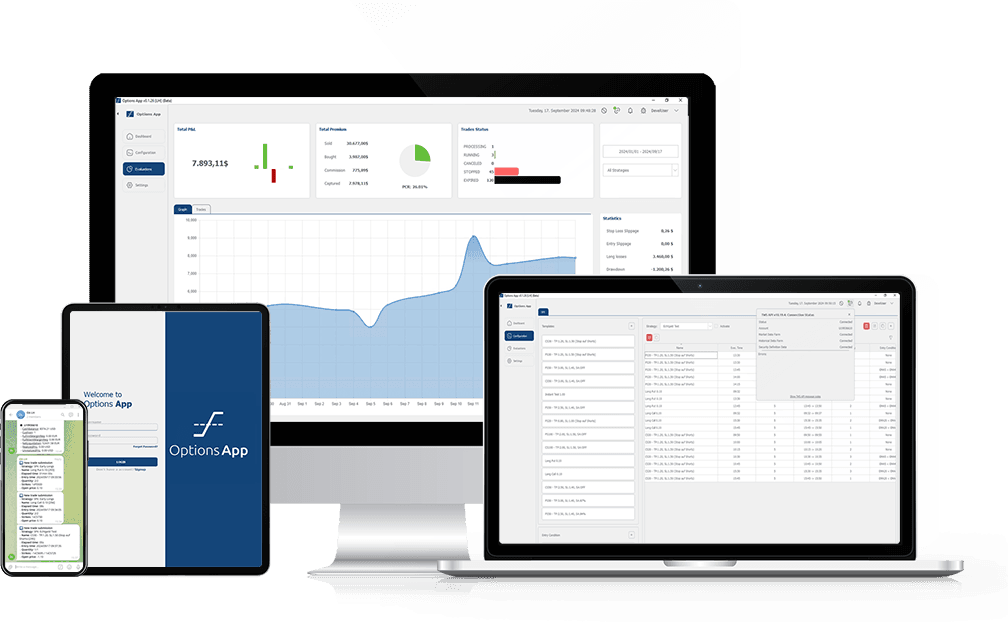 OptionsApp Dashboard für automatisierten Optionshandel auf Desktop, Laptop und Tablet